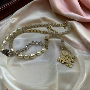 CHICOS Gold Tone Crystal Beads Rhinestone Cross Medallion Tassel Adj Necklace